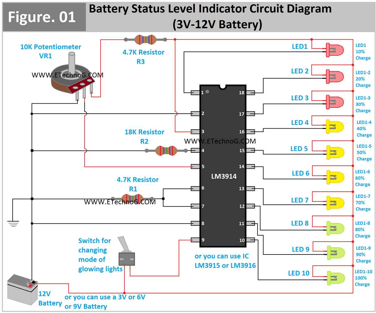 battery charge level indicator circuit diagram