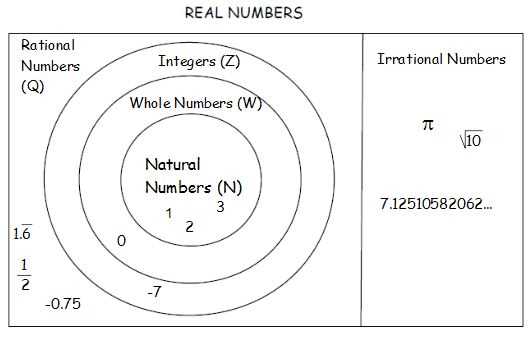 schematic diagram of real number system and its subset