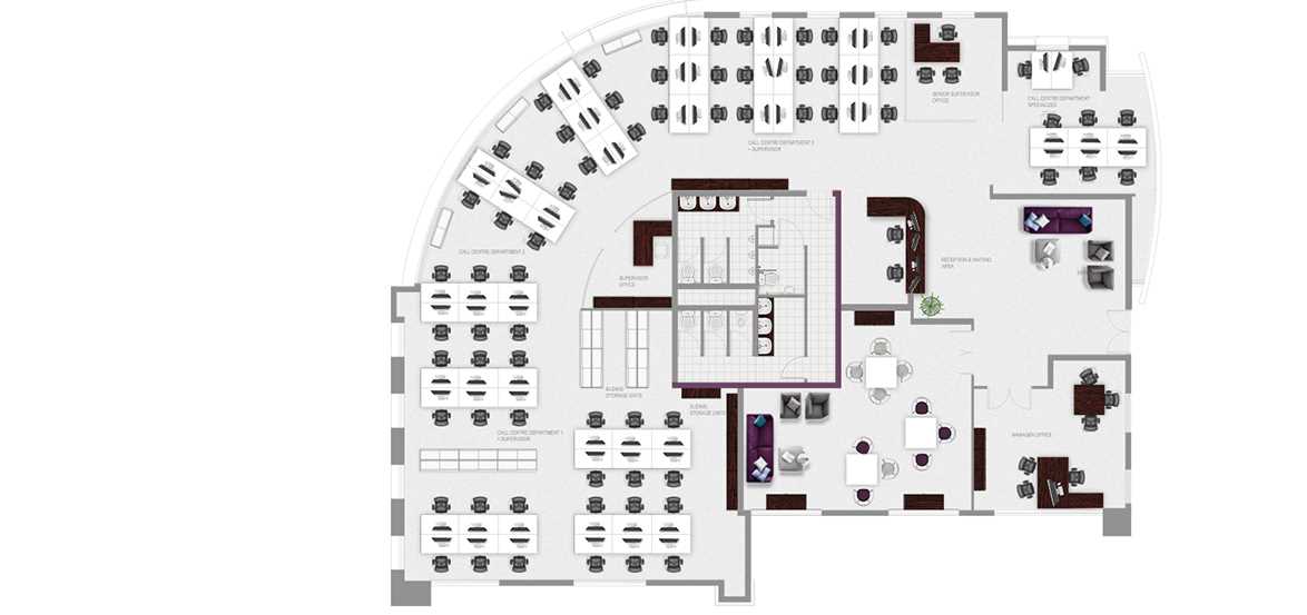 schematic diagram of the call center layout with equipment details